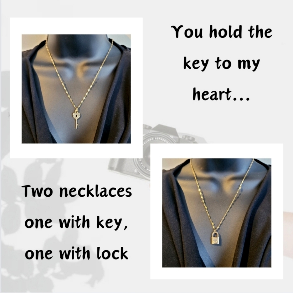 Set of two gold plated wave necklaces, lock and key pendants 17" plus 2" length